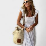 Vestido maxi a cuadros con mangas volantes