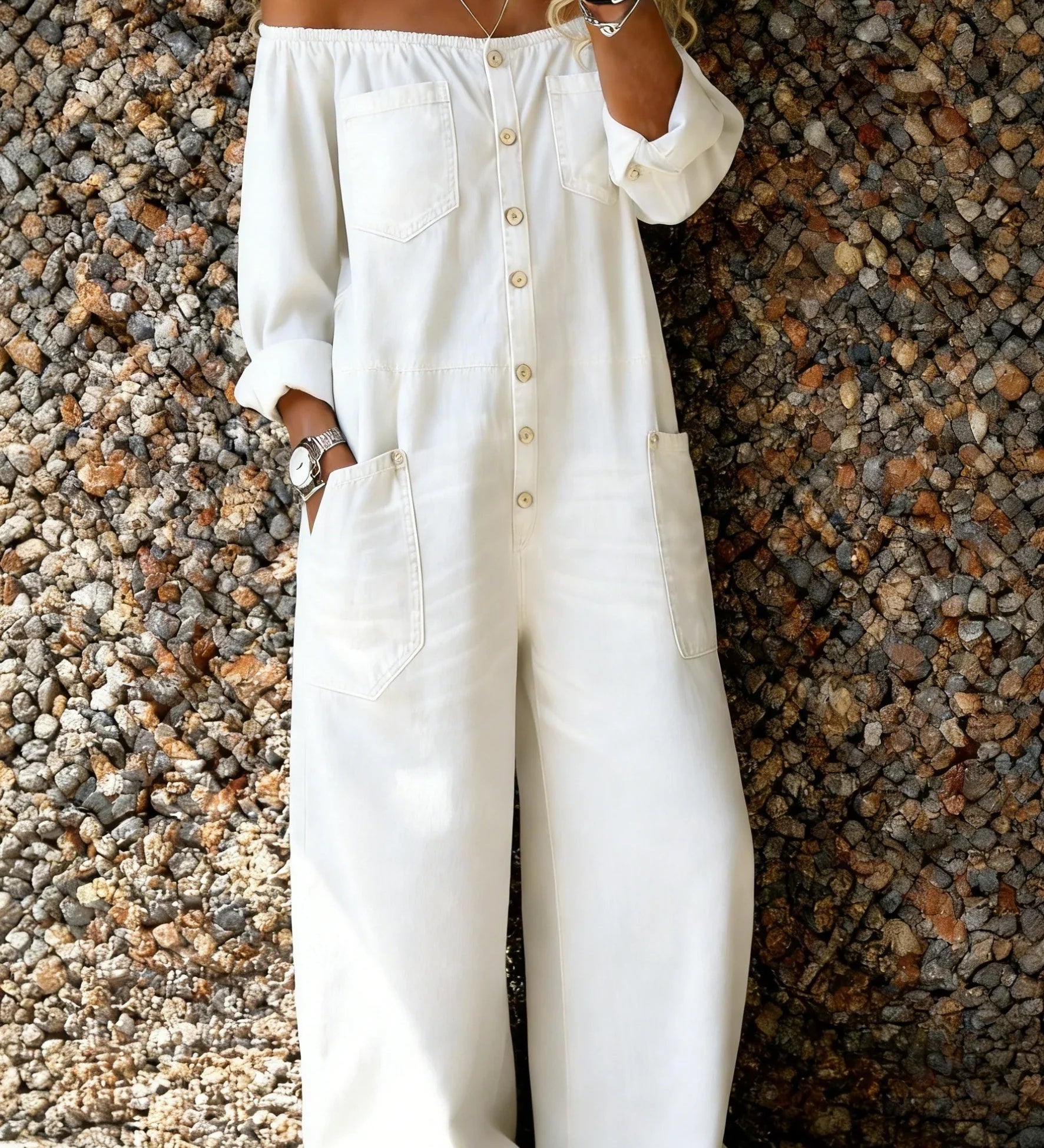 Noa | Mono de denim con escote de hombro descubierto