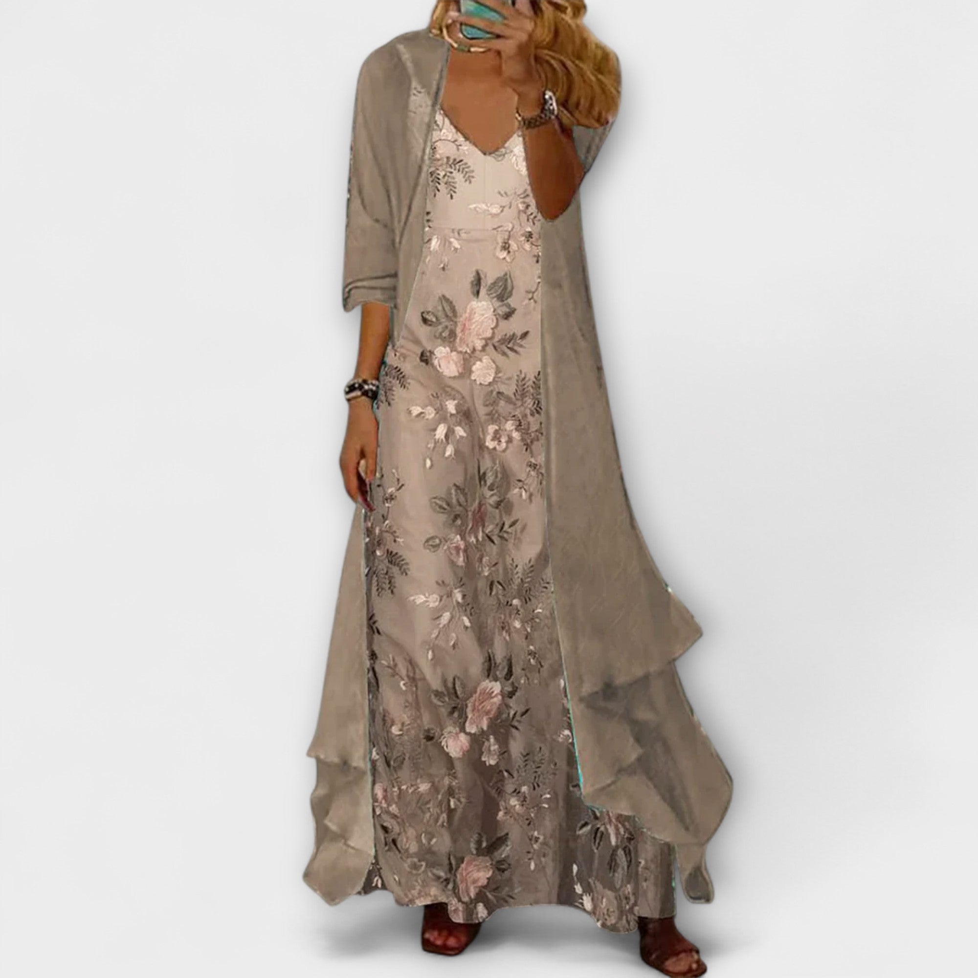 Mara - Vestido maxi con chaqueta (conjunto de dos piezas)