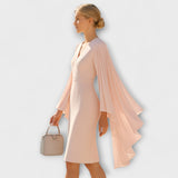 Rachel - Vestido midi rosa con escote en V y mangas de chifón