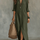 Vestido maxi bohemio negro con botones en la parte delantera