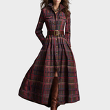 Vestido maxi étnico retro – diseño de cuadros marrones con cuello clásico