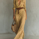 Camille™ | Vestido maxi con solapa y cinturón en la cintura