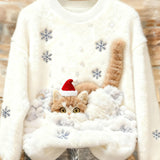 Sudadera informal de felpa con impresión artística de Navidad para mujeres