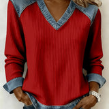 Top de patchwork inspirado en Navidad para mujeres con escote en V