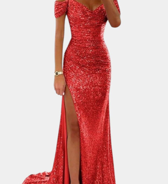 Molinas Vestido de Sirena Off-Shoulder con Lentejuelas