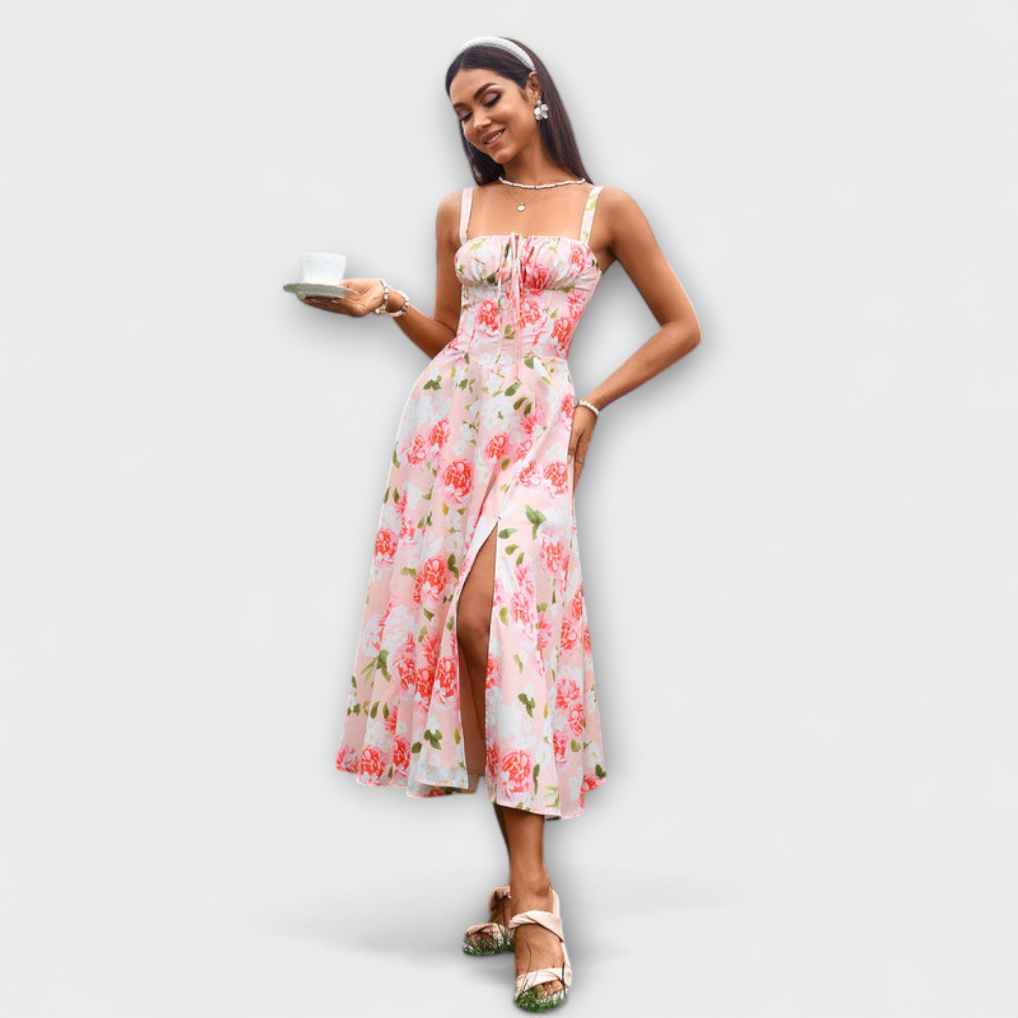 Upanje - vestido rosa con detalle de abertura