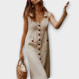 Nora – Vestido de línea A de algodón y lino con escote en V