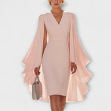 Rachel - Vestido midi rosa con escote en V y mangas de chifón