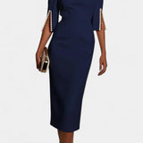 Reece Vestido Midi con Perlas y Cuello Redondo