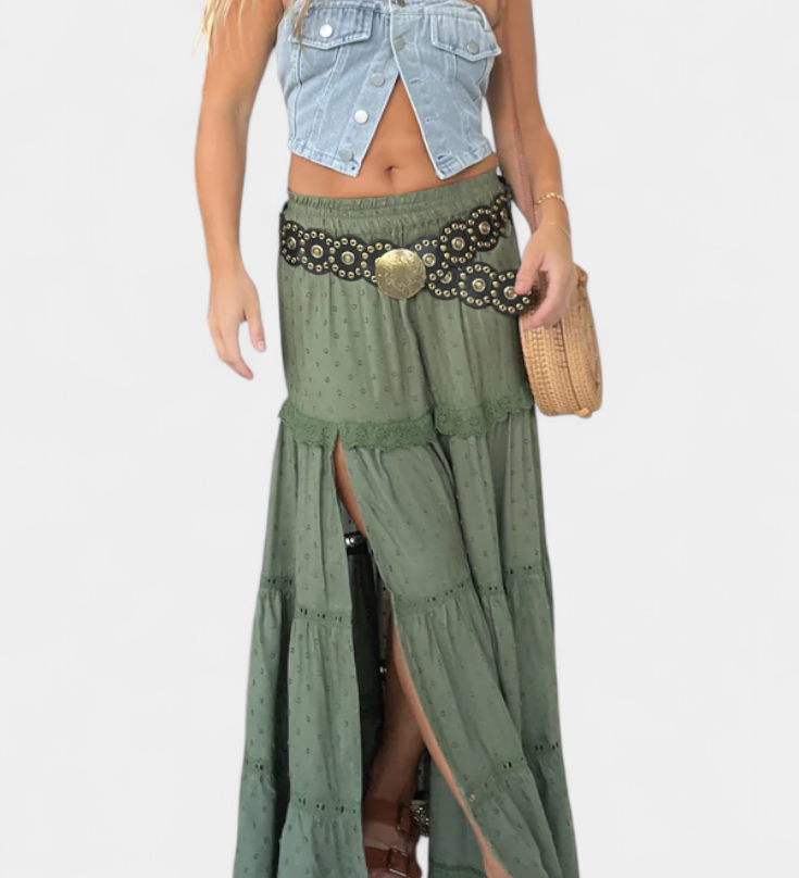 Dola Falda Maxi Boho con Encaje y Abertura Frontal