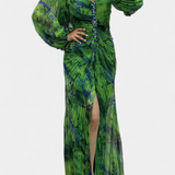 Quintessa Vestido Maxi Plisado con Mangas Largas y Estampado Vibrante