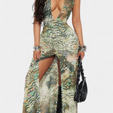 Zephyra Vestido Maxi Halter de Encaje con Abertura