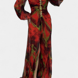 Quintessa Vestido Maxi Plisado con Mangas Largas y Estampado Vibrante