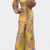 Quintessa Vestido Maxi Plisado con Mangas Largas y Estampado Vibrante