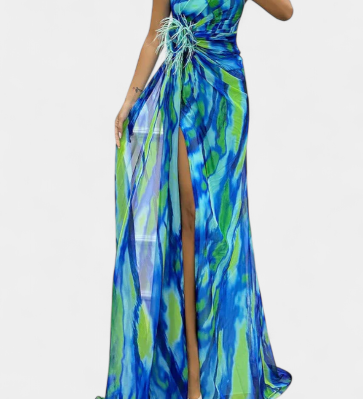 Aylin Vestido Maxi Asimétrico con Estampado Vibrante