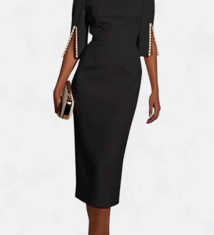 Reece Vestido Midi con Perlas y Cuello Redondo