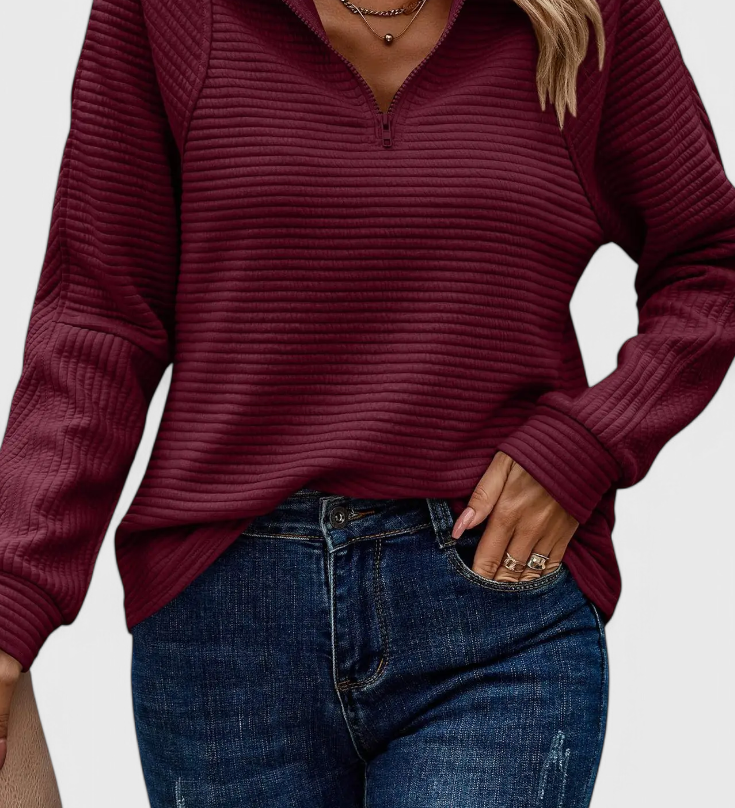 Helene | Jersey de Cuello en V con Cremallera y Manga Larga