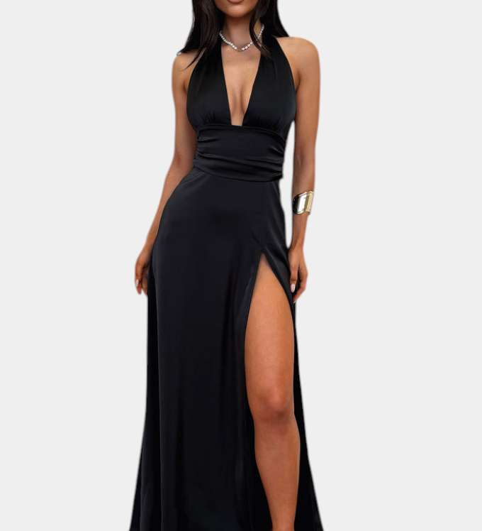 Latisha Vestido de Cuello Halter y Gran Abertura