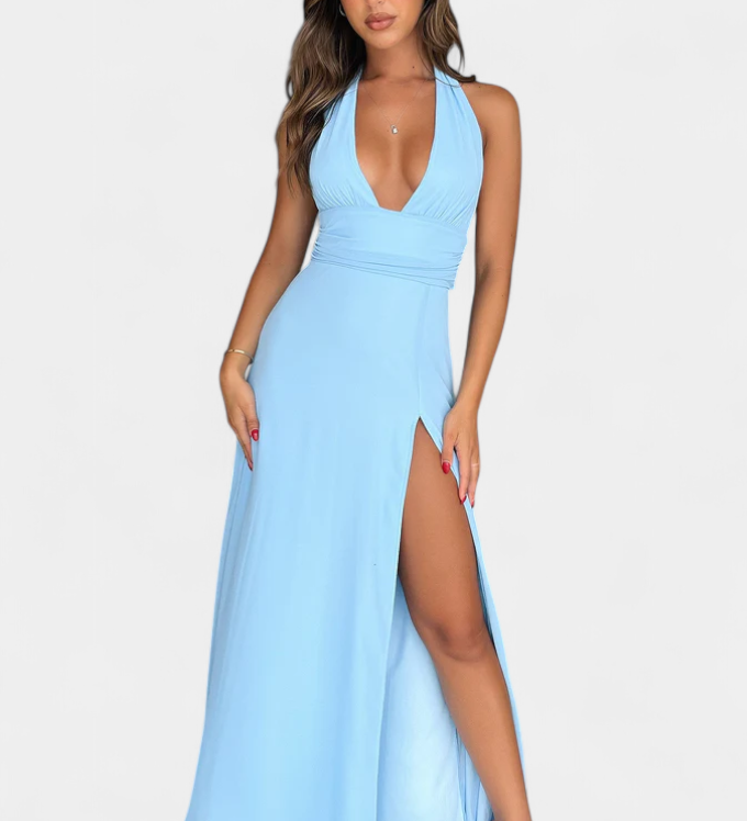 Latisha Vestido de Cuello Halter y Gran Abertura